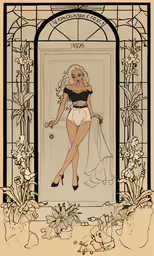 a drawing of a woman in lingerie standing outside of a door