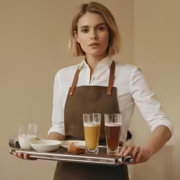 a woman is holding a serving tray with a lot of food
