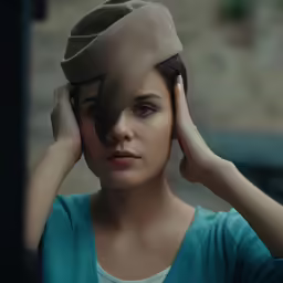 woman holding her head in her hands looking in mirror