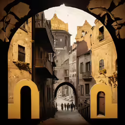 a small archway in an old city is a centerpiece