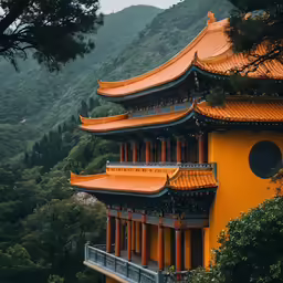 the building has an orange roof in front of the mountains