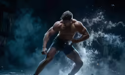 a shirtless man in black boxers stands in front of steam coming from his underwear