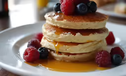 this is a stack of pancakes topped with butter and raspberries