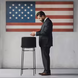a businessman stands in front of a large american flag