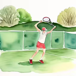 painting of a man playing tennis in front of a green background,this is a watercolor drawing of a tennis player holding a racket,a drawing of a woman holding her tennis racket in the air,the woman is playing tennis in watercolor,a drawing of a man standing on a tennis court