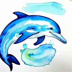 two dolphins with blue and green colors on their heads,a dolphin is swimming through the water on paper