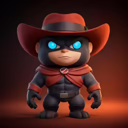 a toy figure with blue eyes and a brown hat