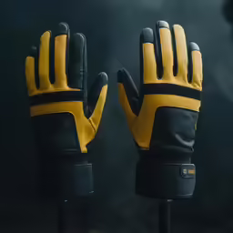 a pair of gloves is shown on a stand