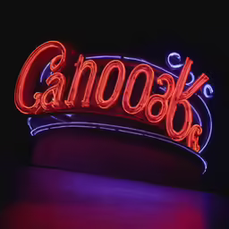 a neon sign advertising canon foods sits atop a building
