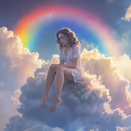 a woman in a dress sitting on the cloud with a rainbow in the background