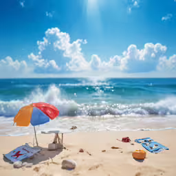 an umbrella sits atop a chair on the beach
