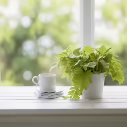 there is a green plant in the pot on the window sill