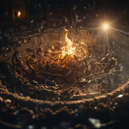 a burning fire inside of an old metal bowl