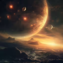 a group of planets in the sky surrounded by mountains,a scene with a space scene and a bunch of planets