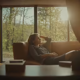 a woman is sitting on a couch looking out the window