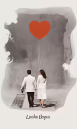 a couple walking away from a balloon flying high in the sky