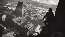 black and white photograph of person on rock cliff