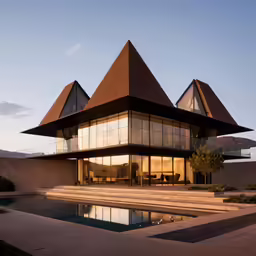 the house has three triangular shaped roofs and is lit up by the sunset