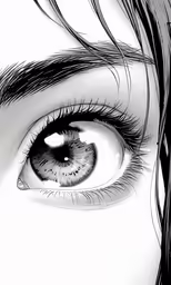 the image shows an eye with long lashes and blue eyes