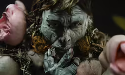a woman is dressed as a evil clown