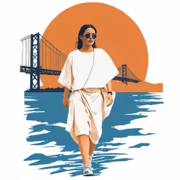 a woman in a dress walks across the water