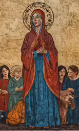 a painting of mary with children and an adult
