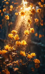 the sun shines through the falling flowers