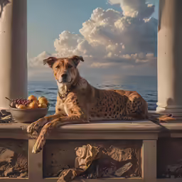 a dog and bowl on the front porch of a house