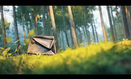 a mailbox sits in the green grass among the trees