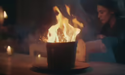 a woman lights up a large, lit object on the table