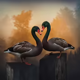 two geese sitting on top of blocks with their necks touching