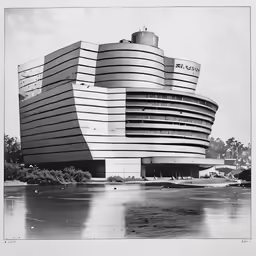 an architectural building is standing on water