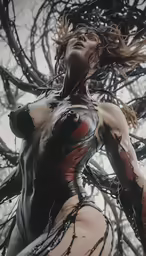 a woman standing under a tree with her arms around herself