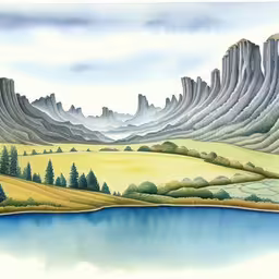 the scenery is painted on an easel board,an artistic painting of the mountains and the lake
