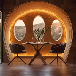 the oval window in the round dining room gives you a view of the treetop