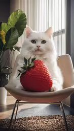 a fluffy white cat sitting on a chair with a strawberry