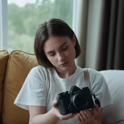 a woman holding a camera in her hands