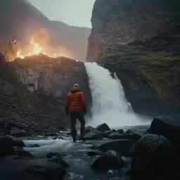 man in orange jacket standing in stream next to waterfall