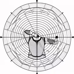 a drawing of an air rifle with a bulls eye on it,the front of a wheel with a design on it,a black and white illustration of an inverted dart,an old fashioned machine consisting of a paper fan,a drawing of a person in a hamster with their back turned