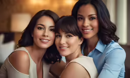 three women pose together in a photo with lights behind them