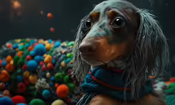 the miniature dog is wearing a scarf around its neck