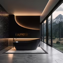 a modern style bath tub in the middle of a spacious room