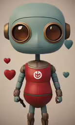 a robot with a big head in front of a heart