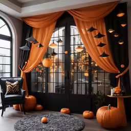 a halloween themed room with pumpkins on the windows and decorations