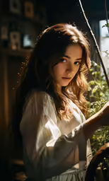 a woman in white dress holding onto plants