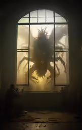 a person sitting on the ground in front of a window with an insect head on