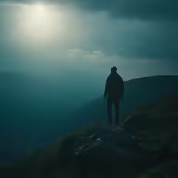 man standing in the dark looking out over the valley