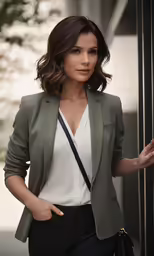 woman in business attire carrying handbag posing by a pillar
