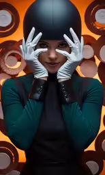 woman in leather outfit, gloves and helmet covering her face