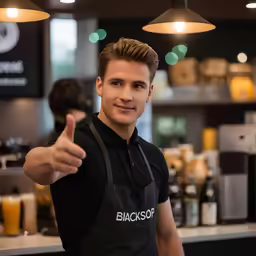a smiling man with an apron giving a thumbs up
